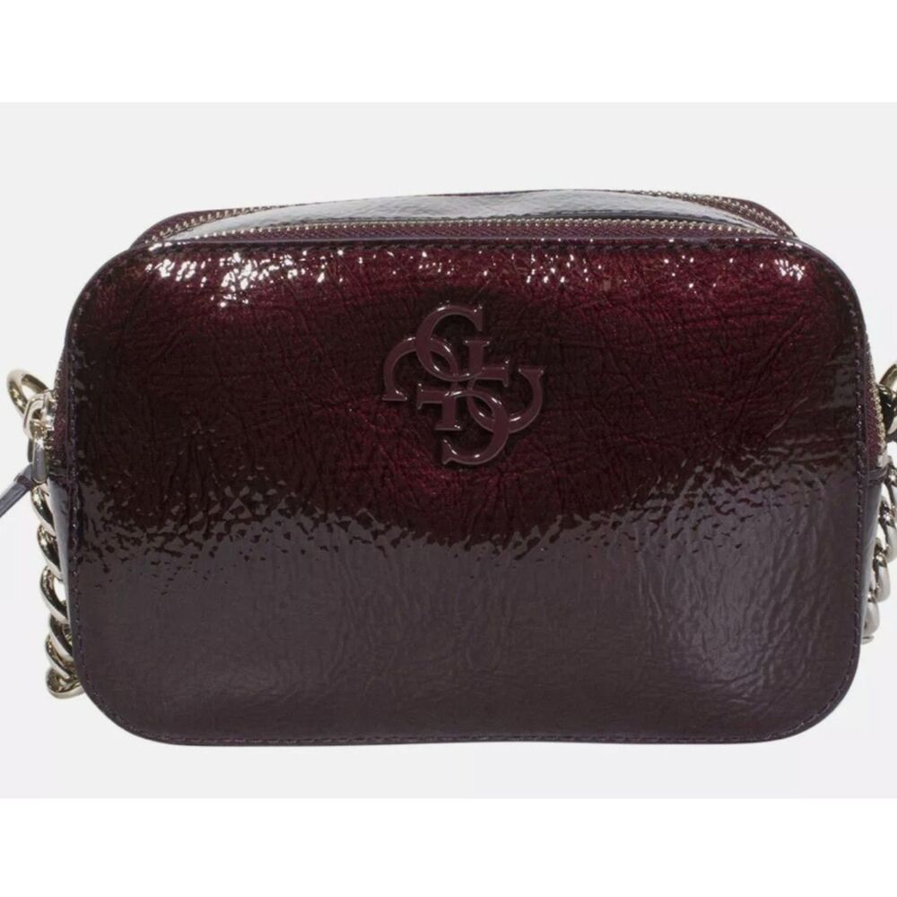 Guess Noelle Shiny Leather Women Shoulder Hand Bag Merlot Burgundy Silver Chain
